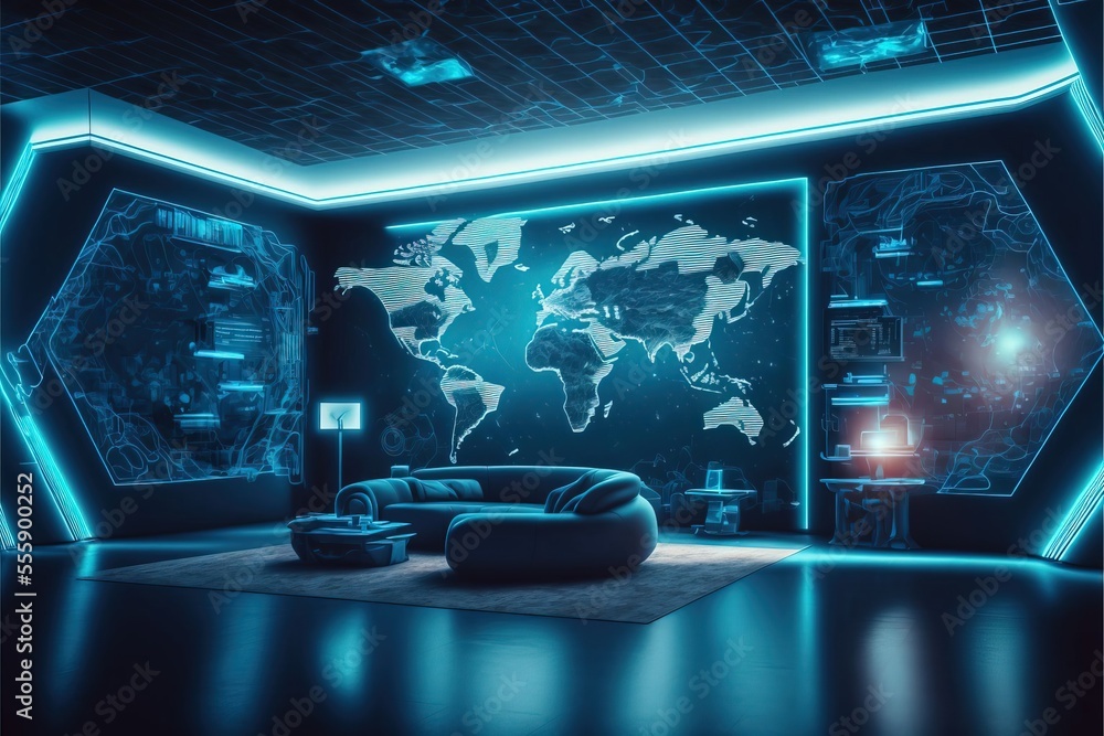 Wall mural 4k resolution or higher, futuristic sci-fi room with hologram blue lighted bright glass with plexus 