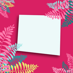 Fototapeta na wymiar bright tropical, pink card with leaves, banner, flyer. Abstract summer, bright background, template for your design, sales, social networks, web. Vector illustration
