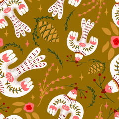 Folk Art Flying Holiday Birds Vector Seamless Pattern