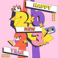 happy new year 2023 logo RETRO STYLE groovy design