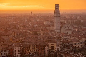 Picturesque view to bright fire sunset to Verona from Castle San Pietro