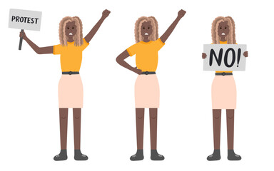 Women protests in different poses. Angry girl holding a banner, raising fist up. Concept of protest, democracy, rights. Civil resistance. Hand drawn vector cartoon illustration. Female community.
