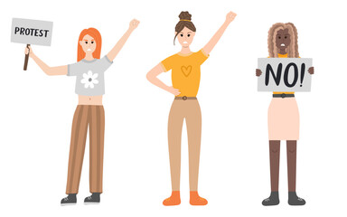 Group of women protest against gender violence. Angry girls in different poses: holding a banner, raising fist up. Civil resistance. Hand drawn vector cartoon illustration. Female community, equality