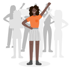 Fototapeta premium Crowd of protesters with angry girl raising fist up in front. Concept of protest, democracy, rights. Civil resistance. Hand drawn vector cartoon illustration. Female community. Demonstration