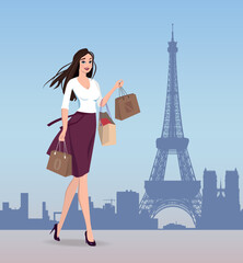 A trip to Paris for shopping, a walk around the city. Vector. - obrazy, fototapety, plakaty