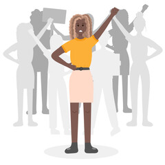 Crowd of protesters with banners and girl raising fist up in front. Concept of protest, democracy, rights. Civil resistance. Hand drawn vector cartoon illustration. Female community. Demonstration