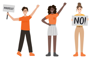 Group of women protest against gender violence. Angry girls in different poses: holding a banner, raising fist up. Civil resistance. Hand drawn vector cartoon illustration. Female community, equality.