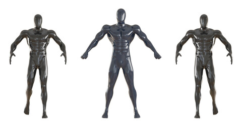 Three strong male mannequins. Abstract male mannequin. Black glossy mannequin. Front view. 3d rendering.