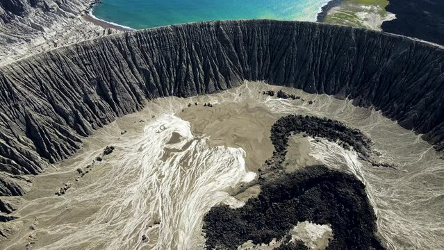 Aerial view of the volcano crater on Isla san Benedicto, a volcanic island in the Pacific Ocean, Colima, Mexico.