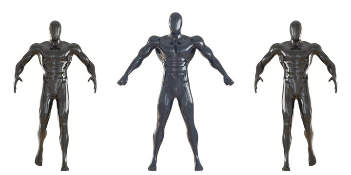 Three strong male mannequins. Abstract male mannequin. Black glossy mannequin. Front view. 3d rendering.