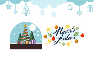 Fototapeta na wymiar Translation: Merry Christmas. Hyvää joulua vector text Calligraphic Lettering design card template. Suitable for greeting card, poster and banner.