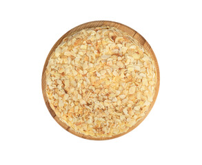 Top view of a Swedish almond cake on a white background made from fluffy egg whites in a base and rich egg yolks in a custard, gluten free.