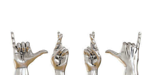Figurine hand showing a gesture. Collection of figurines of the human hand. Metal hand. 3d rendering.