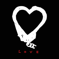 an element of handcuffs in the shape of a heart with the inscription LOVE below it.vector illustration isolated on black background.nodern design perfect for t shirt,poster,greeting card,print,etc