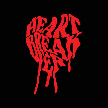 the inscription heartbreaker is inscribed in the shape of a heart.vector illustration.decorative inscription.distorted red font isolated on black background.modern design for t shirt,print,poster,etc