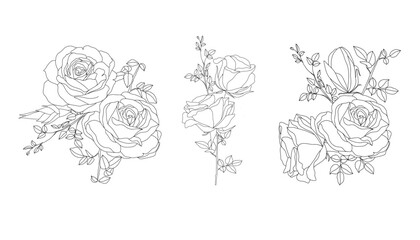 Handrawn Monoline Roses Floral Arrangement Lineart