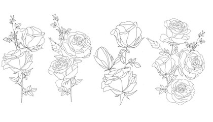 Handrawn Monoline Roses Floral Arrangement Lineart