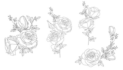 Handrawn Monoline Roses Floral Arrangement Lineart