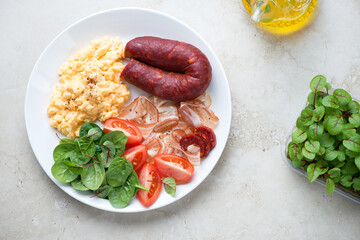 Breakfast with scramble, bacon, chorizo, tomatoes and fresh greens, top view on a beige stone background, horizontal shot