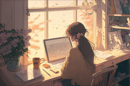 Anime girl working at her desk. Cute drawing of a young woman sitting at her computer. Working from home, listening to lofi music. Cartoon character at her workplace. Chill beautiful relax interior