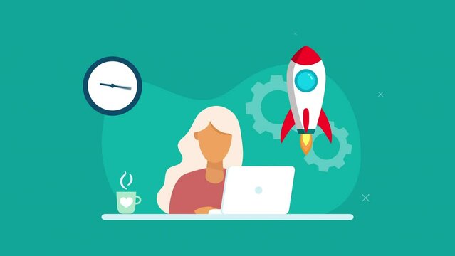 startup animated concept.woman working on PC animation.young woman sitting with pc and working.freelancer woman on computer.freelance working life.turquoise background