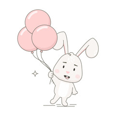 Cute rabbit character with balloons isolated on white. Easter bunny vector illustration.