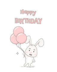 Cute rabbit character with balloons isolated on white. Birthday postcard template. Bunny vector illustration.