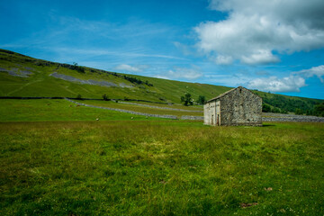 Fototapeta na wymiar Typical drystone walls and barns in the countryside around Kettlewell, Upper Wharfedale, North Yorkshire, UK