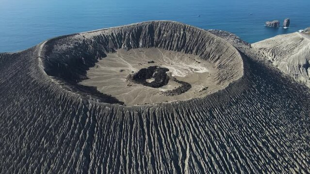 Aerial view of the volcano crater on Isla san Benedicto, a volcanic island in the Pacific Ocean, Colima, Mexico.