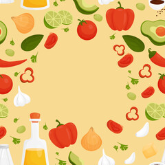 Seamless patte.rn with vegetables and fruits, healthy food on yellow background. Vector illustration