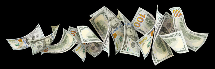 Flying 100 American dollars banknotes, isolated on black background