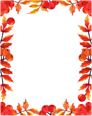 Watercolor rectangular frame for invitations and for the holiday season. Autumn elements on a light background. Rowan berries, leaves, harvest season.