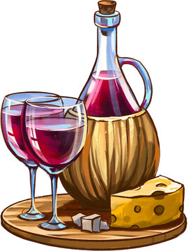 Still life illustration with red wine, cheese and glasses. Hand drawn . isolated