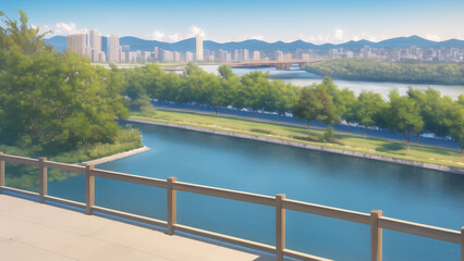 Obraz premium アニメ調の街系背景の高解像度画像イラスト(AI generated image)