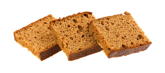 Three slices of Dutch honey cake isolated on a white background side view. - 555905204