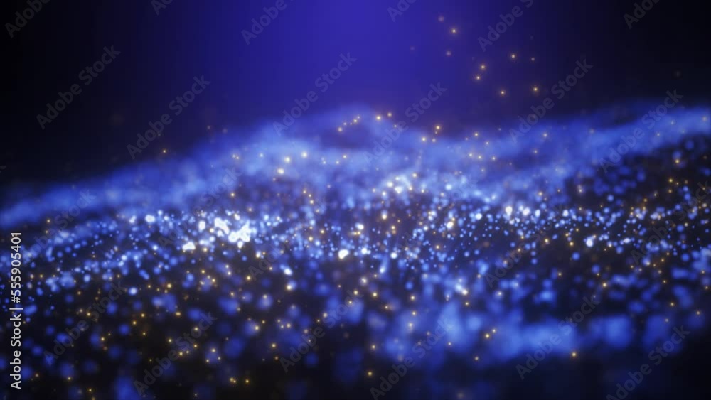Poster abstract blue glowing energy waves from particles and magical dots with blur effect on dark backgrou