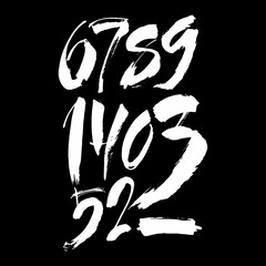 set of calligraphic acrylic or ink numbers. ABC for your design, brush lettering on a black background