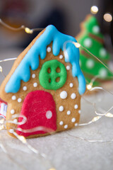 gingerbread cookies: Christmas tree, house, Christmas wreath, painted with colored glaze
