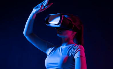 Woman wearing a VR headset and interacting with virtual reality interfaces. Technology, Video Game...
