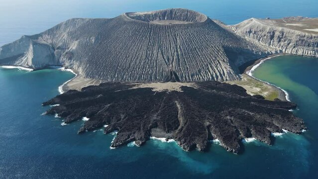 Aerial view of the volcano crater on Isla san Benedicto, a volcanic island in the Pacific Ocean, Colima, Mexico.
