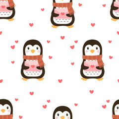 greeting seamless pattern of cute penguin on white