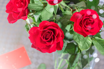 Red roses in glass vase on table. Top view