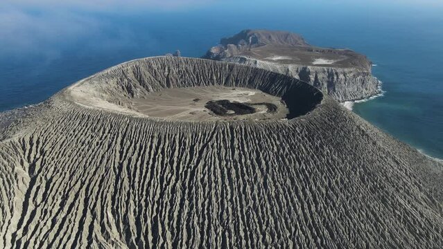 Aerial view of the volcano crater on Isla san Benedicto, a volcanic island in the Pacific Ocean, Colima, Mexico.