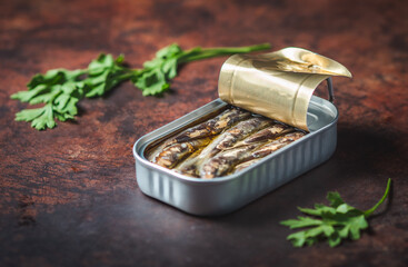 Canned sardines with olive oil open on a dark brown table with parsley. Ready for eat. 