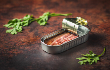 Canned anchovies open on a dark brown table with parsley. Ready for eat. 