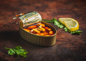 Canned pickled mussels open on a dark brown table with parsley. Ready for eat. 