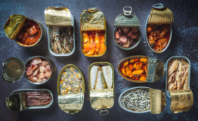 Preserve cans with different products, fish and seafood, natural or pickled, open on a dark table....