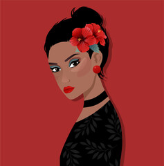 Beautiful black woman with flower in hair. Female portrait, abstract floral shapes. Modern vector avatar, logo, print, banner. Red colors.