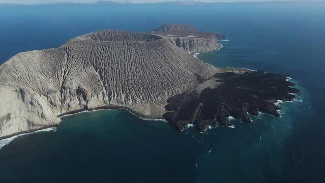 Aerial view of the volcano crater on Isla san Benedicto, a volcanic island in the Pacific Ocean, Colima, Mexico.