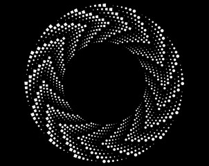 White halftone dots in vortex form. Geometric art. Trendy design element.Circular and radial lines volute, helix.Segmented circle with rotation.Radiating arc lines